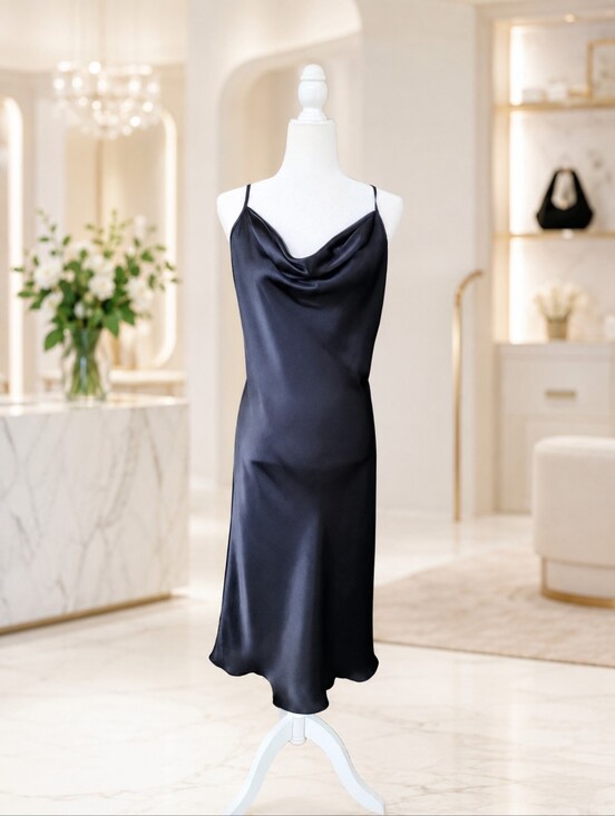 bebe Dresses & Skirts - Bebe Black Satin Slip Dress Size L Cowl Neck Midi Adjustable Straps Made USA